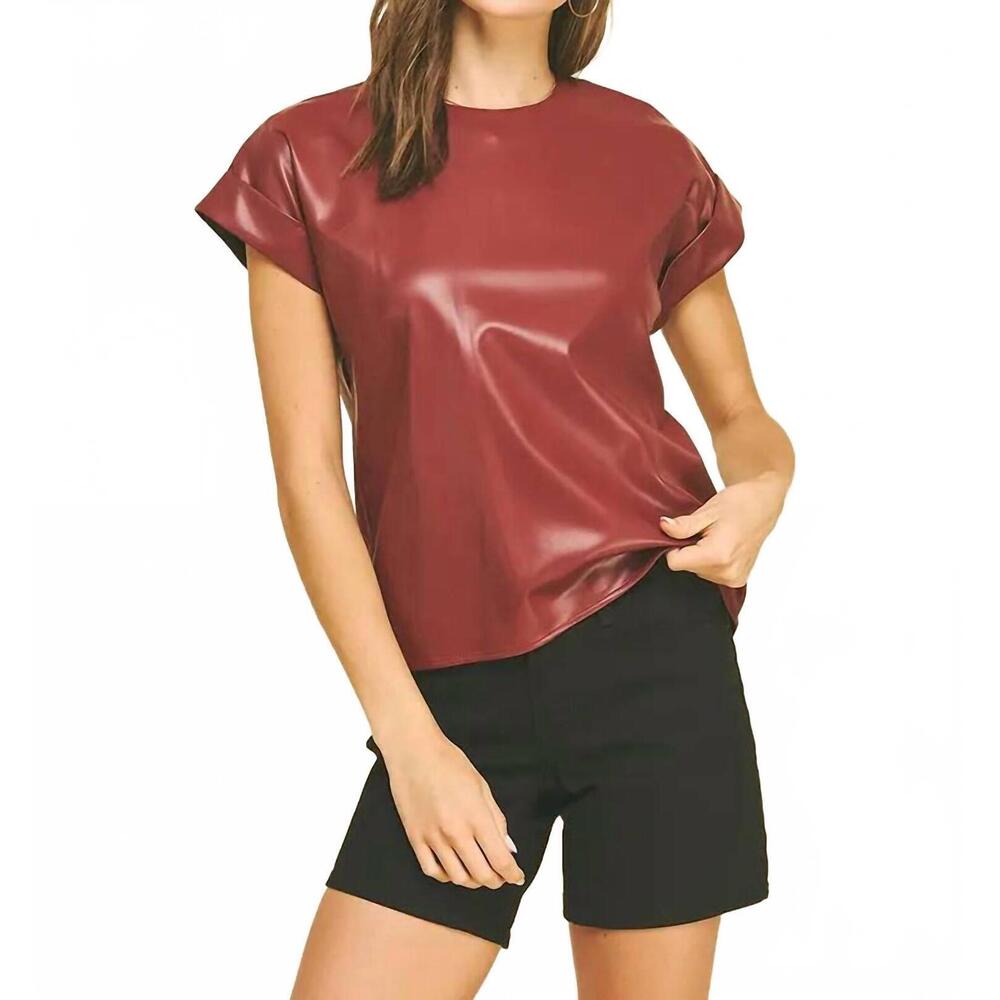 NEW PINCH faux leather cap sleeve top in crimson
